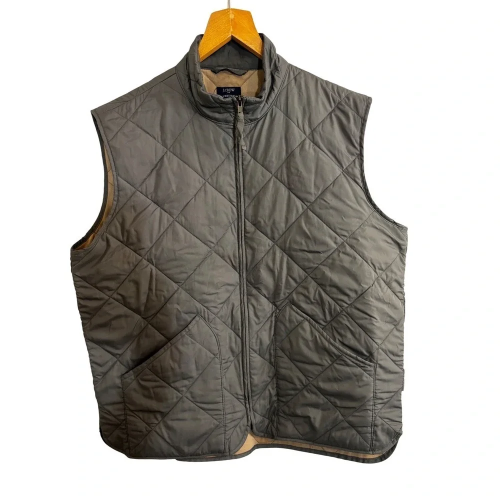 J Crew Authentic Outerwear Quilted Vest‎ Mens XL Gray Full Zip Pockets Lined